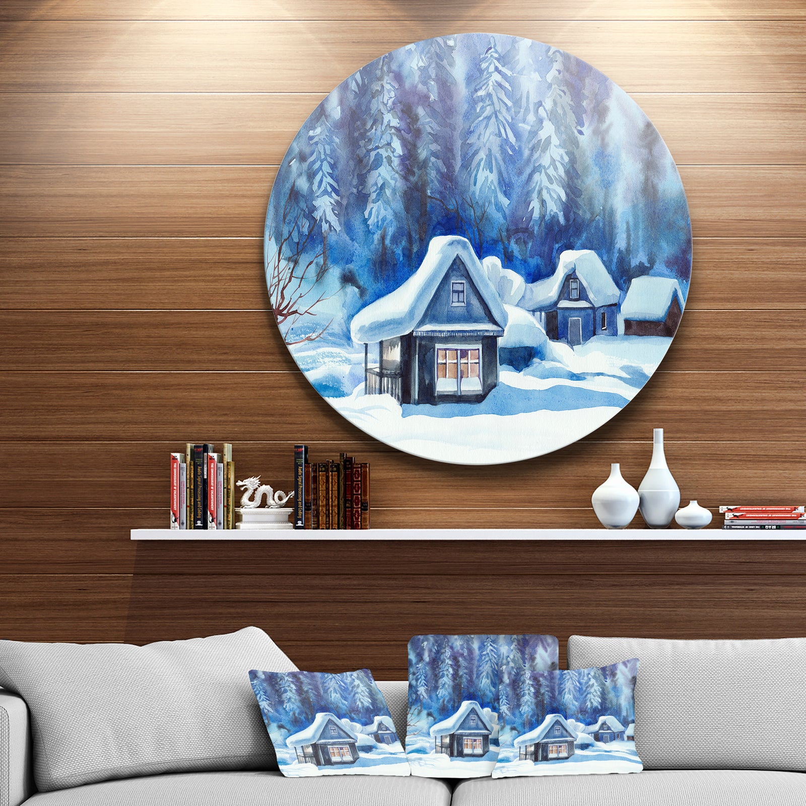 Blue Winter Cottages - Landscape Large Disc Metal Wall art