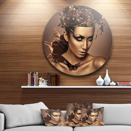 Woman with Chocolate in Head - Portrait Round Metal Wall Art