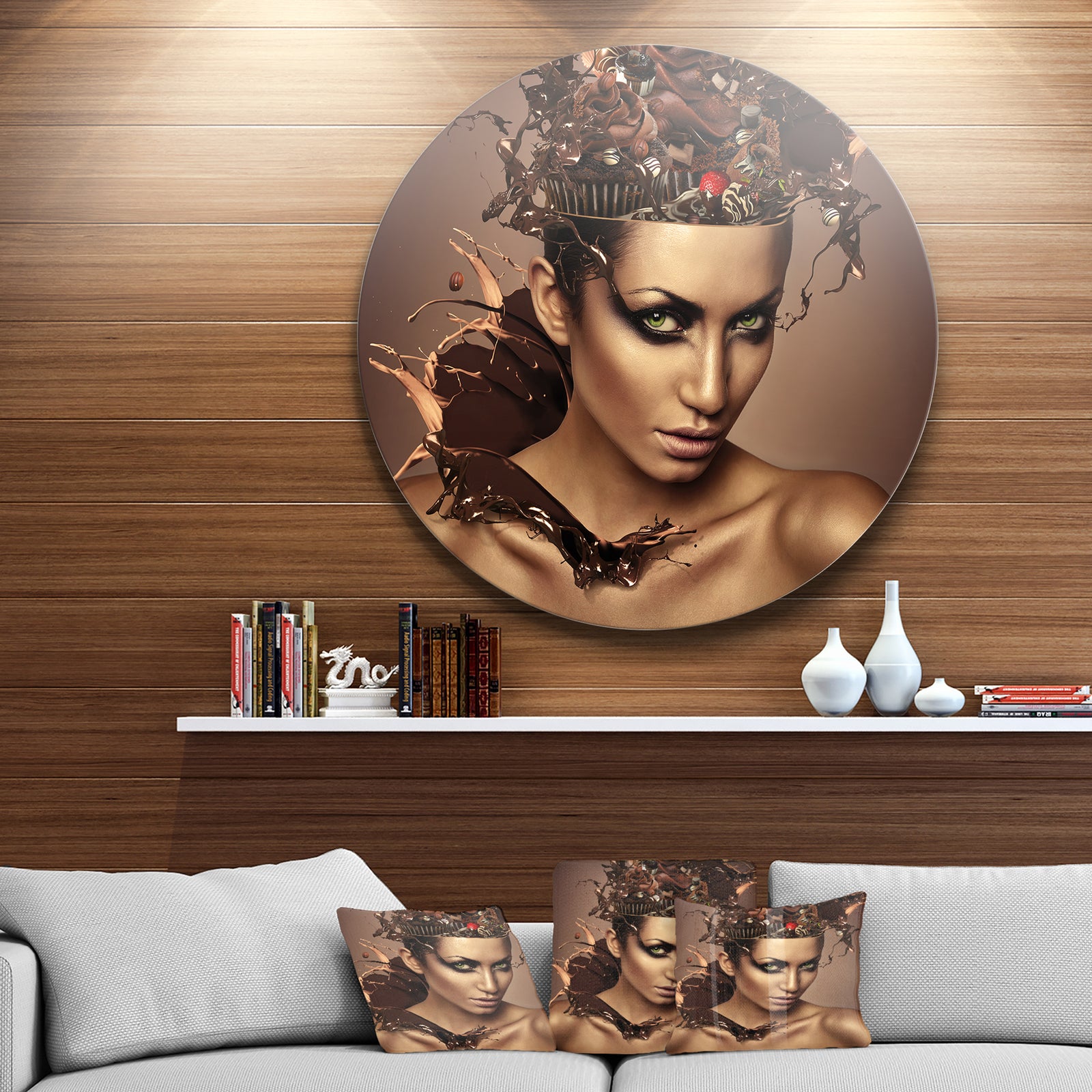 Woman with Chocolate in Head - Portrait Round Metal Wall Art