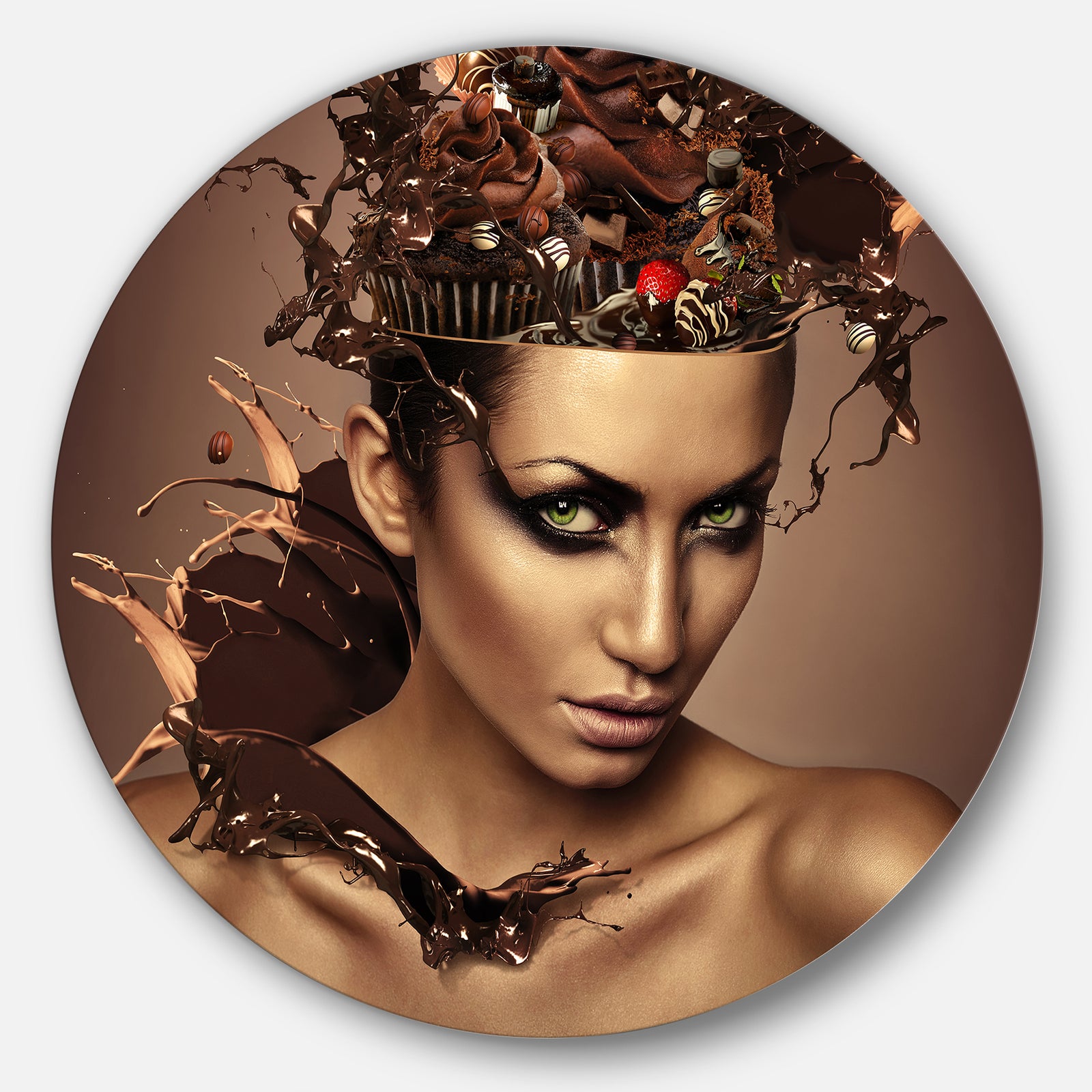 Woman with Chocolate in Head - Portrait Round Metal Wall Art