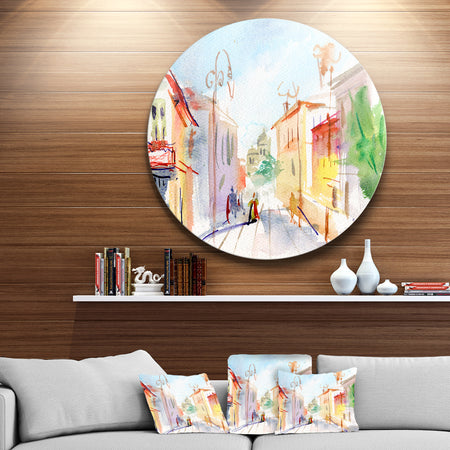 Illustrated Parisian Street - Watercolor Cityscape Disc Metal Wall Art