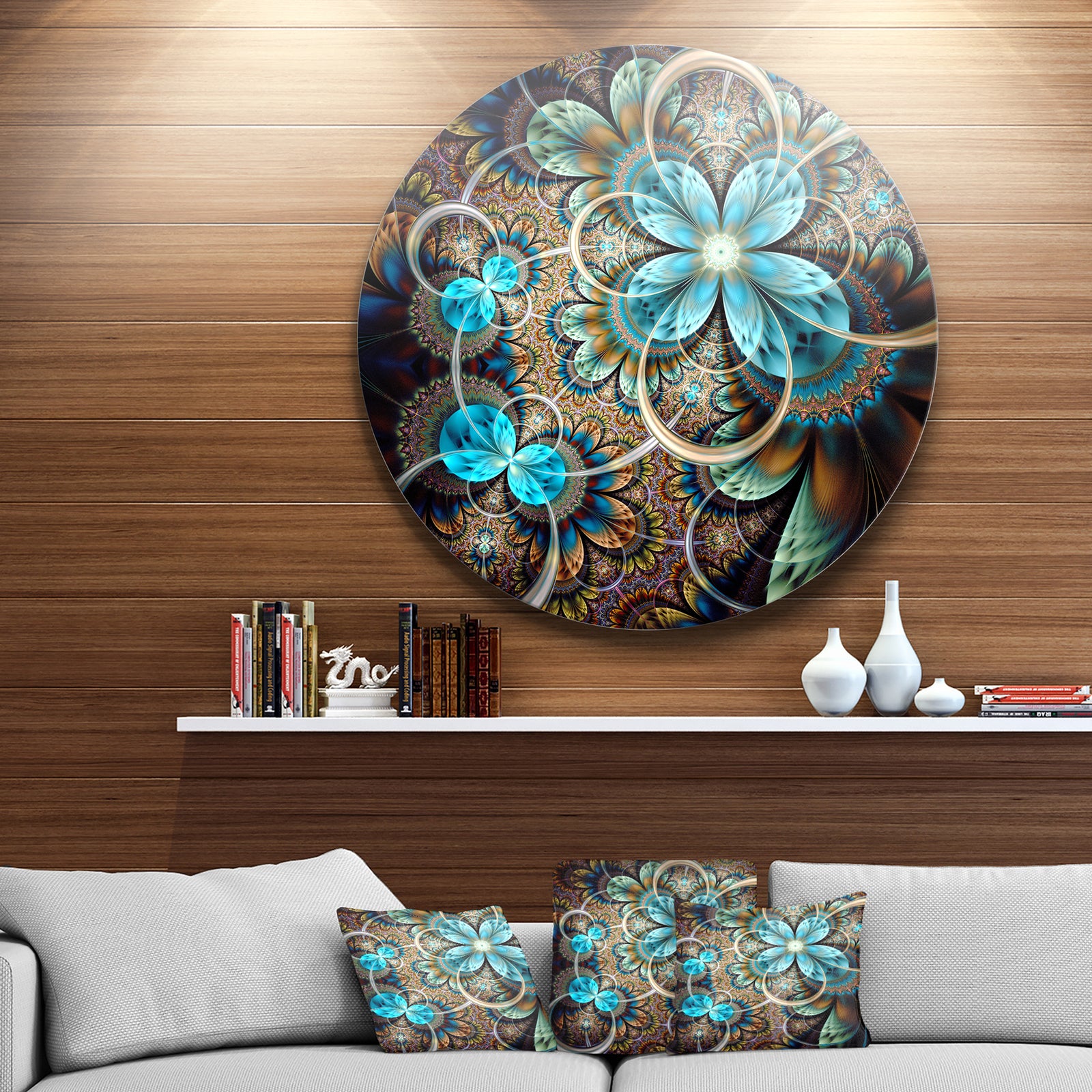 Colorful Fractal Flowers with Blue Shade - Digital Art Round Wall Art
