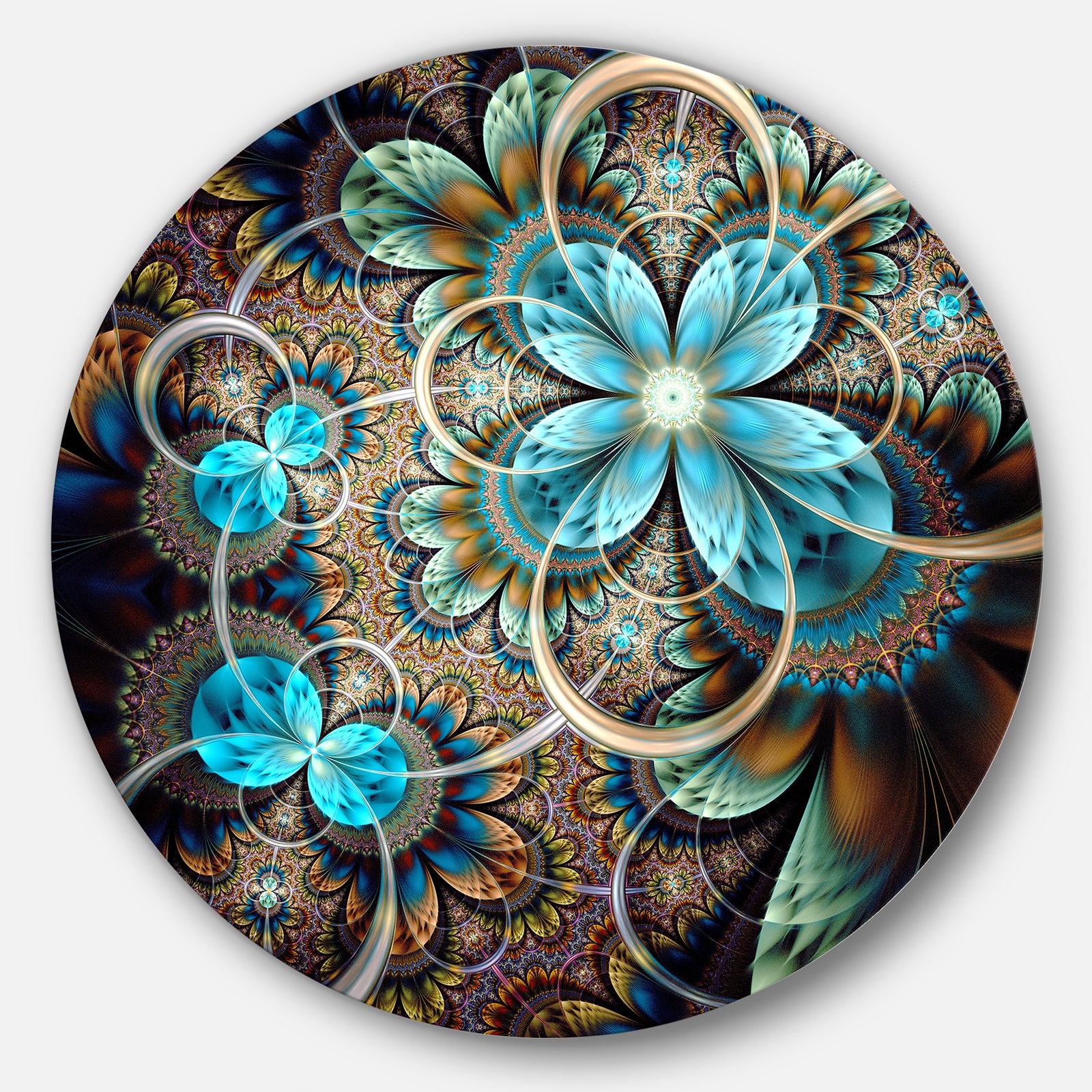 Colorful Fractal Flowers with Blue Shade - Digital Art Round Wall Art