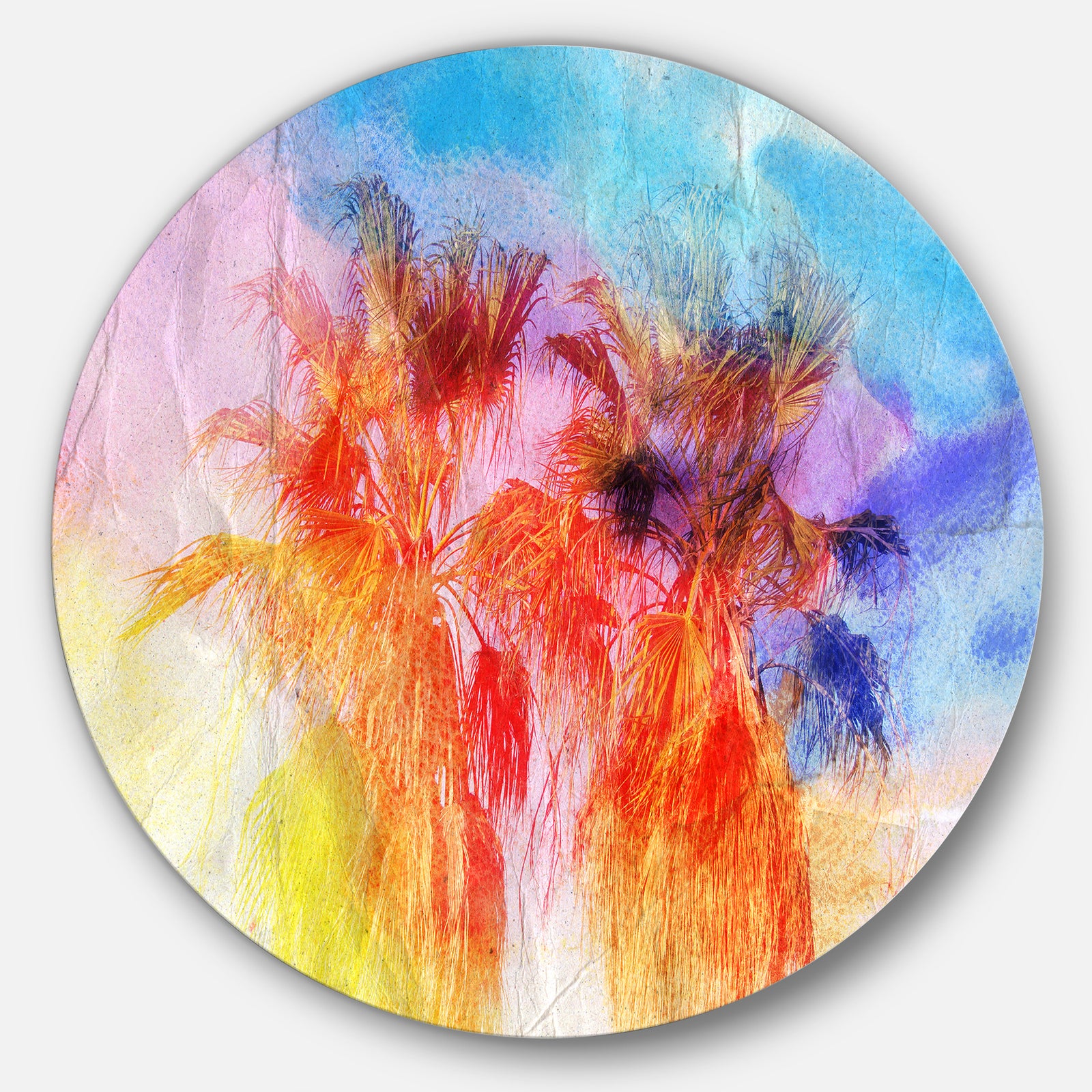 Colorful Retro Palm Trees - Landscape Painting Disc Metal Artwork