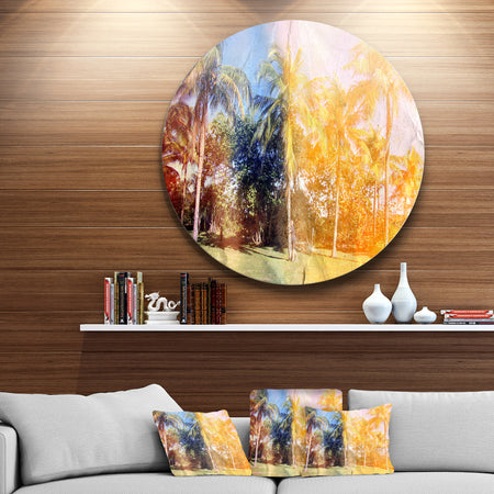 Retro Palms in Yellow Shade - Landscape Painting Disc Metal Wall Art
