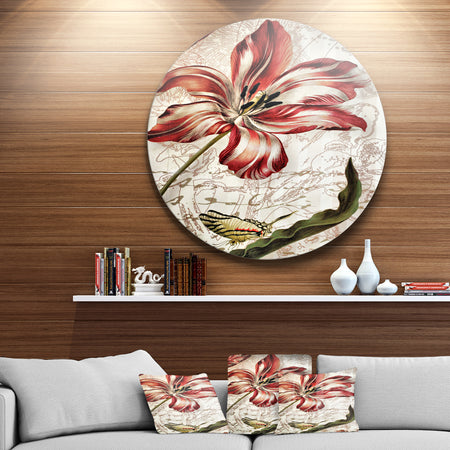 Red Floral Pattern with Butterfly - Floral Digital Art Disc Metal Wall Art