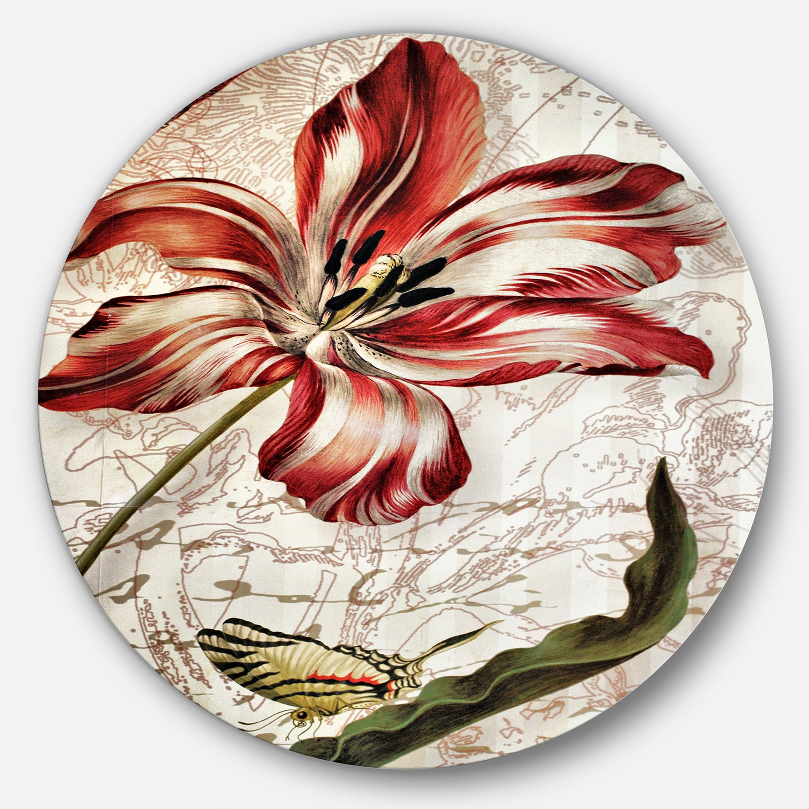 Red Floral Pattern with Butterfly - Floral Digital Art Disc Metal Wall Art
