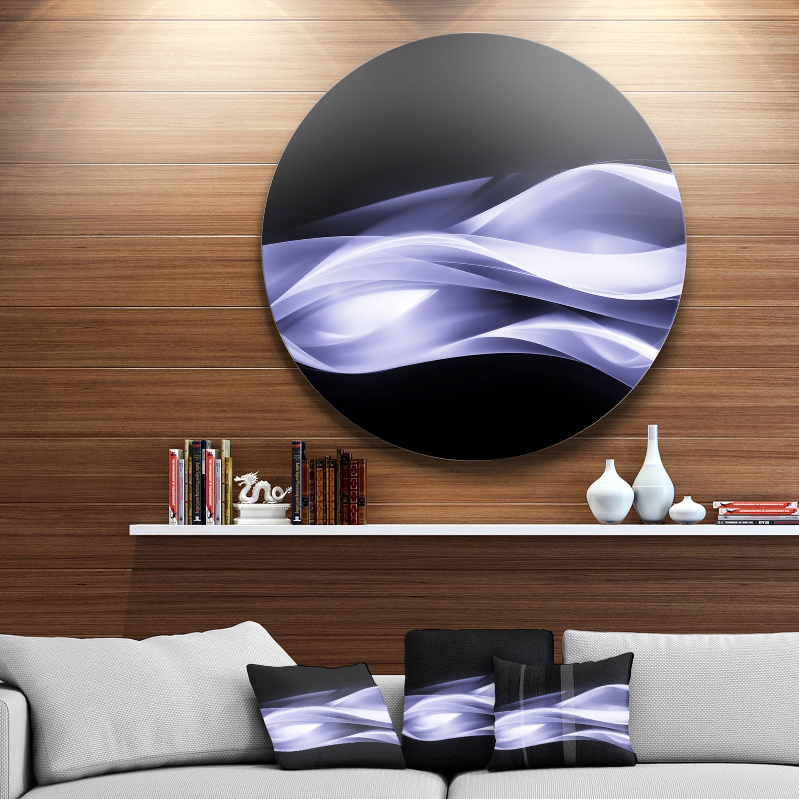 Fractal Lines Purple in Black - Abstract Digital Art Round Wall Art