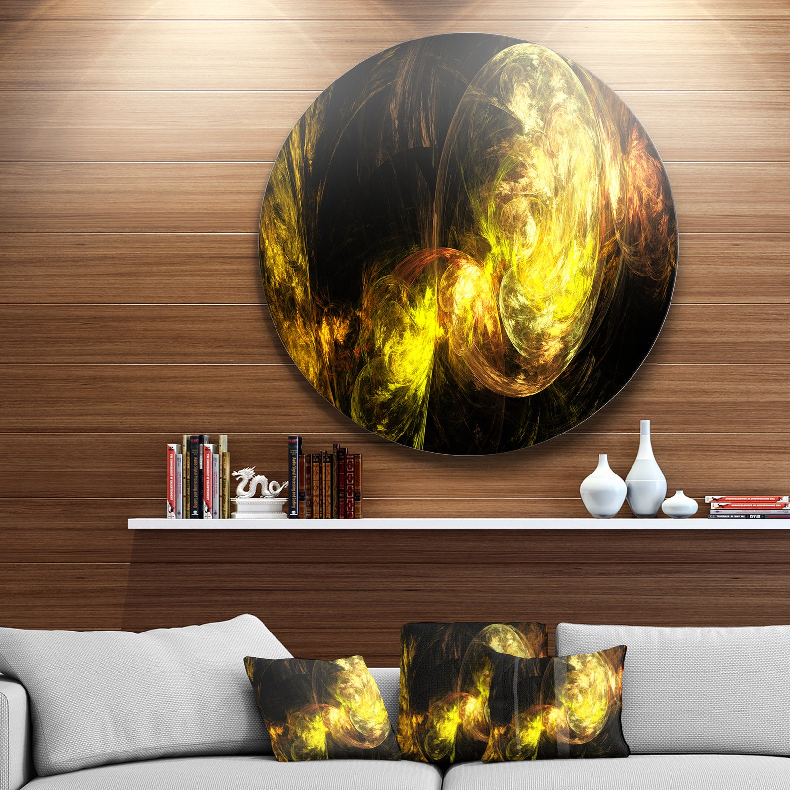 Colored Smoke Golden - Abstract Digital Art Disc Metal Wall Art