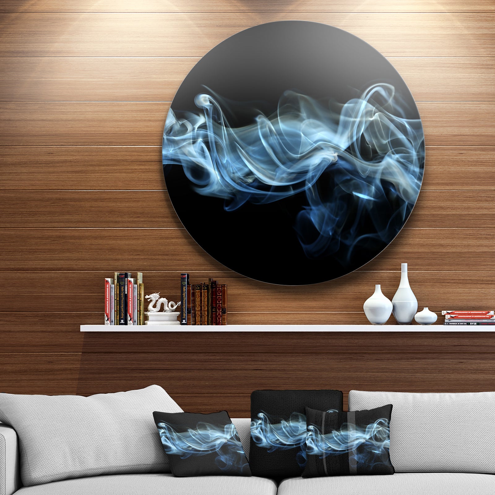 Blue Smoke in Black - Abstract Digital Art Disc Metal Wall Art