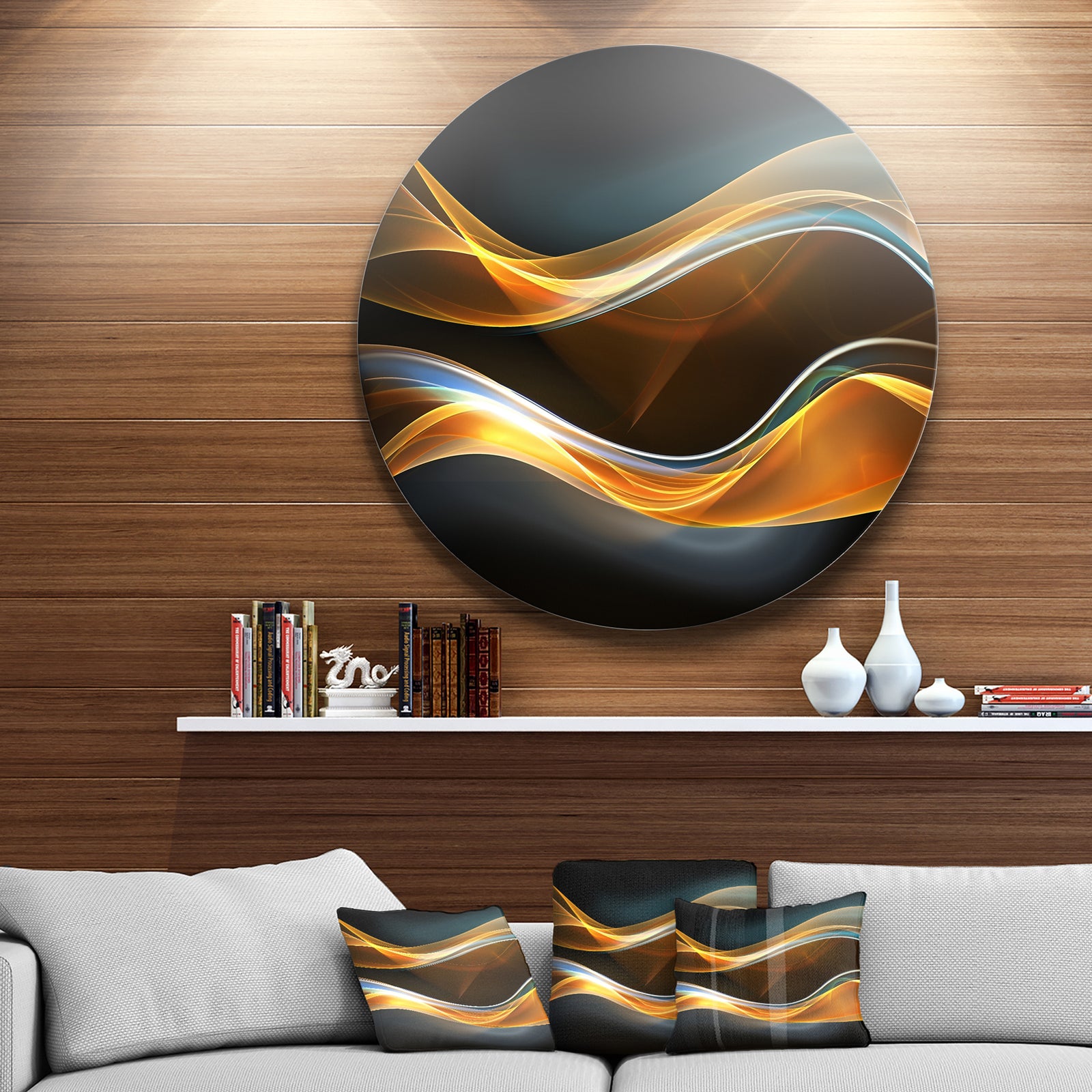 3D Gold Waves in Black - Abstract Digital Art Disc Metal Artwork