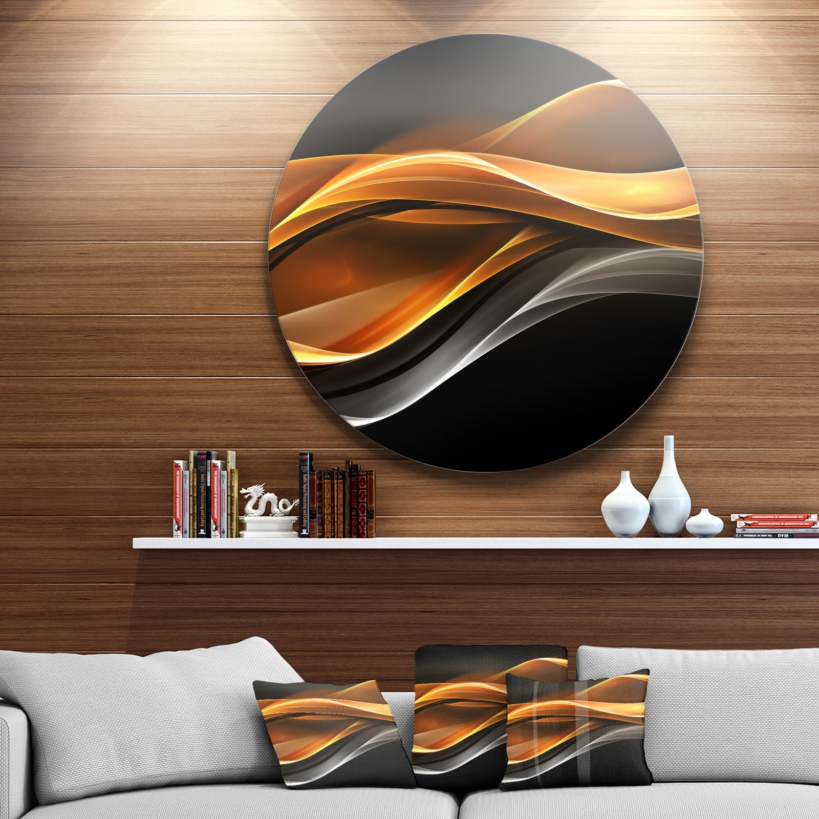 Gold Silver Inward Lines - Abstract Digital Art Circle Wall Art