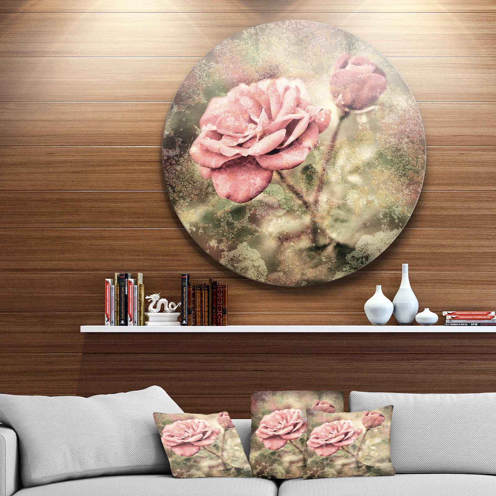 Vintage Pink Roses with Water Drops - Floral Circle Wall Art