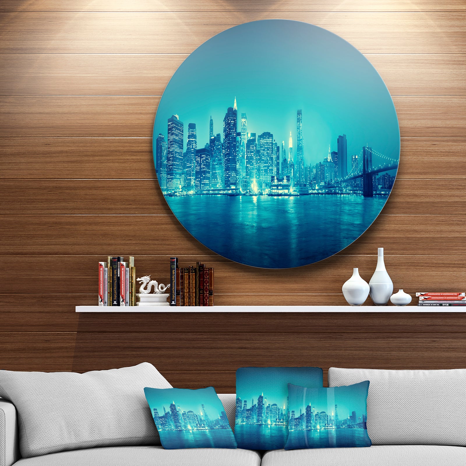 Blue New York at Night - Cityscape Digital Art Large Disc Metal Wall art