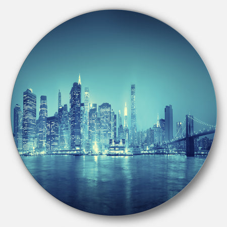 Blue New York at Night - Cityscape Digital Art Large Disc Metal Wall art
