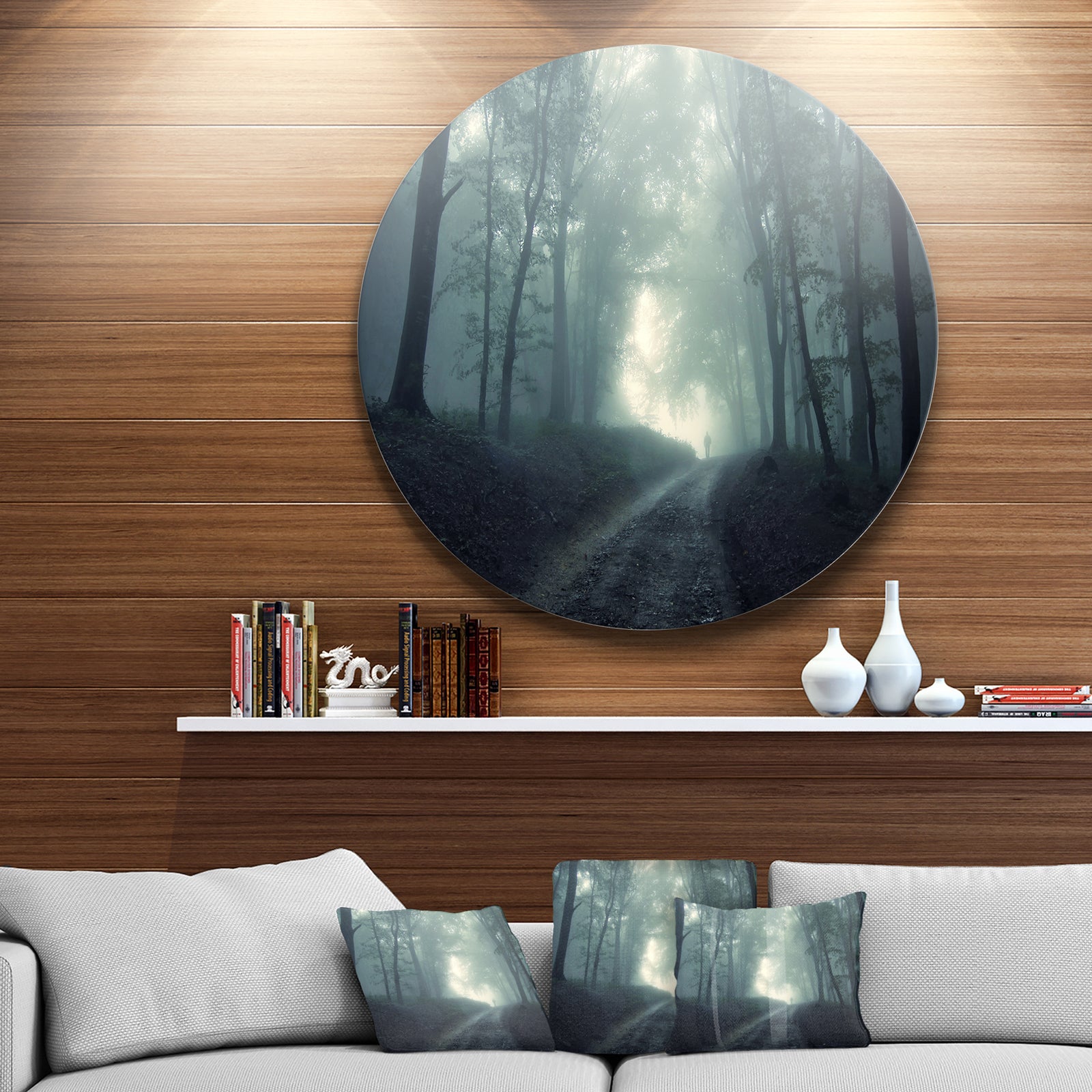 Man Walking in Foggy Forest - Landscape Photo Disc Metal Artwork