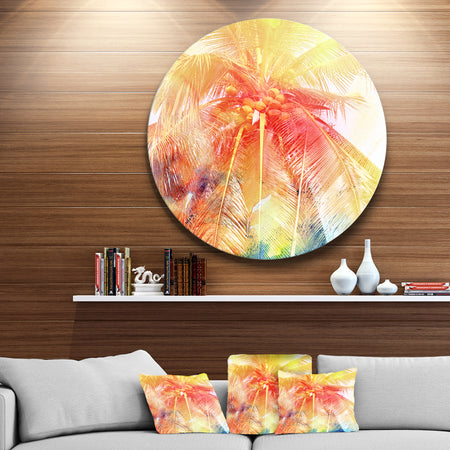 Retro Palm Red Yellow Watercolor - Trees Painting Large Disc Metal Wall art
