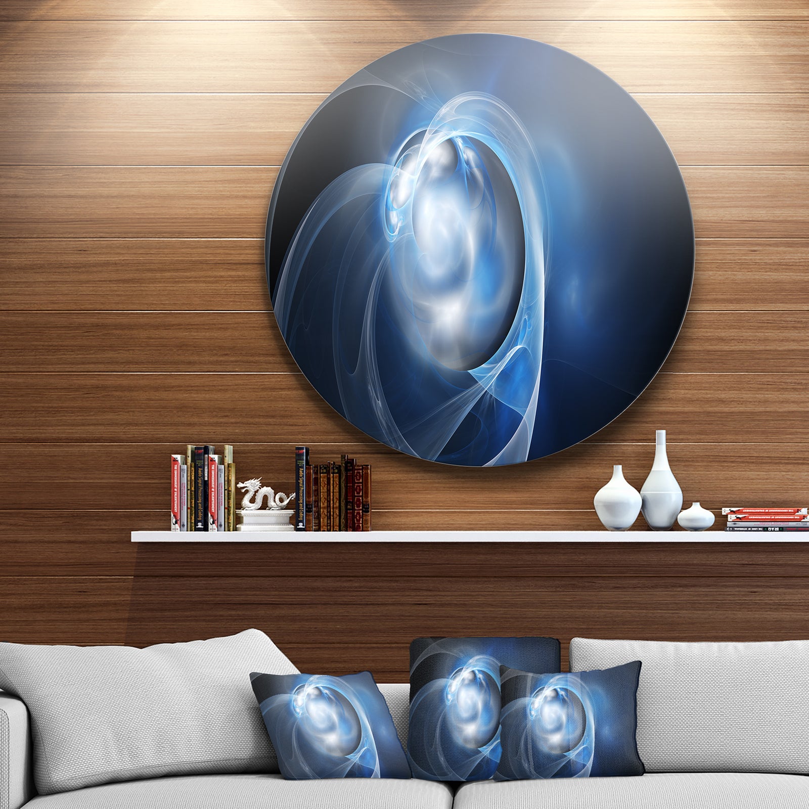 Fractal Lighting in Dark Blue - Abstract Digital Art Circle Wall Art