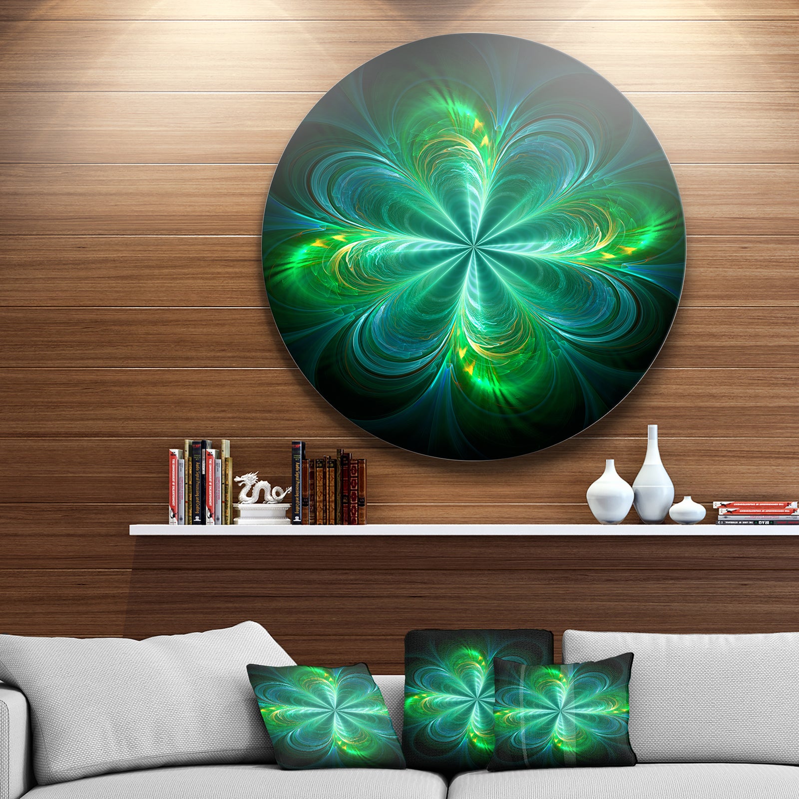 Green Fractal Flower Blooming - Abstract Art Disc Metal Artwork