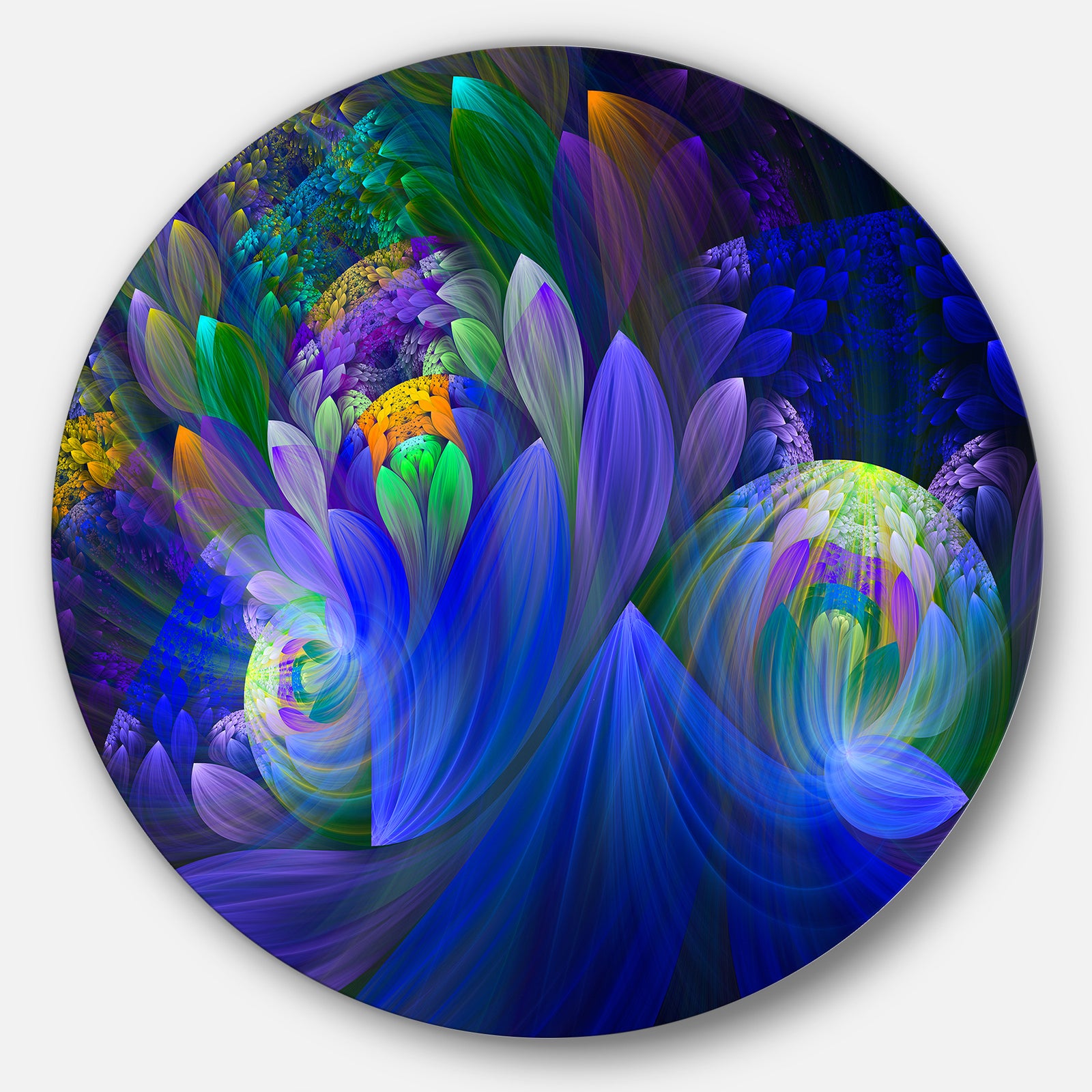 Blue Fractal Flower Bouquet - Floral Abstract Art Circle Metal Wall Art
