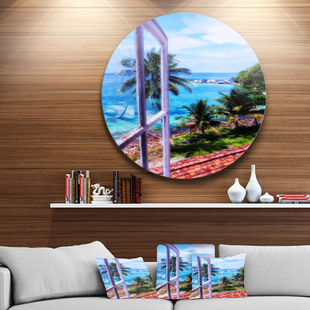Light House Window View - Landscape Photo Round Metal Wall Art
