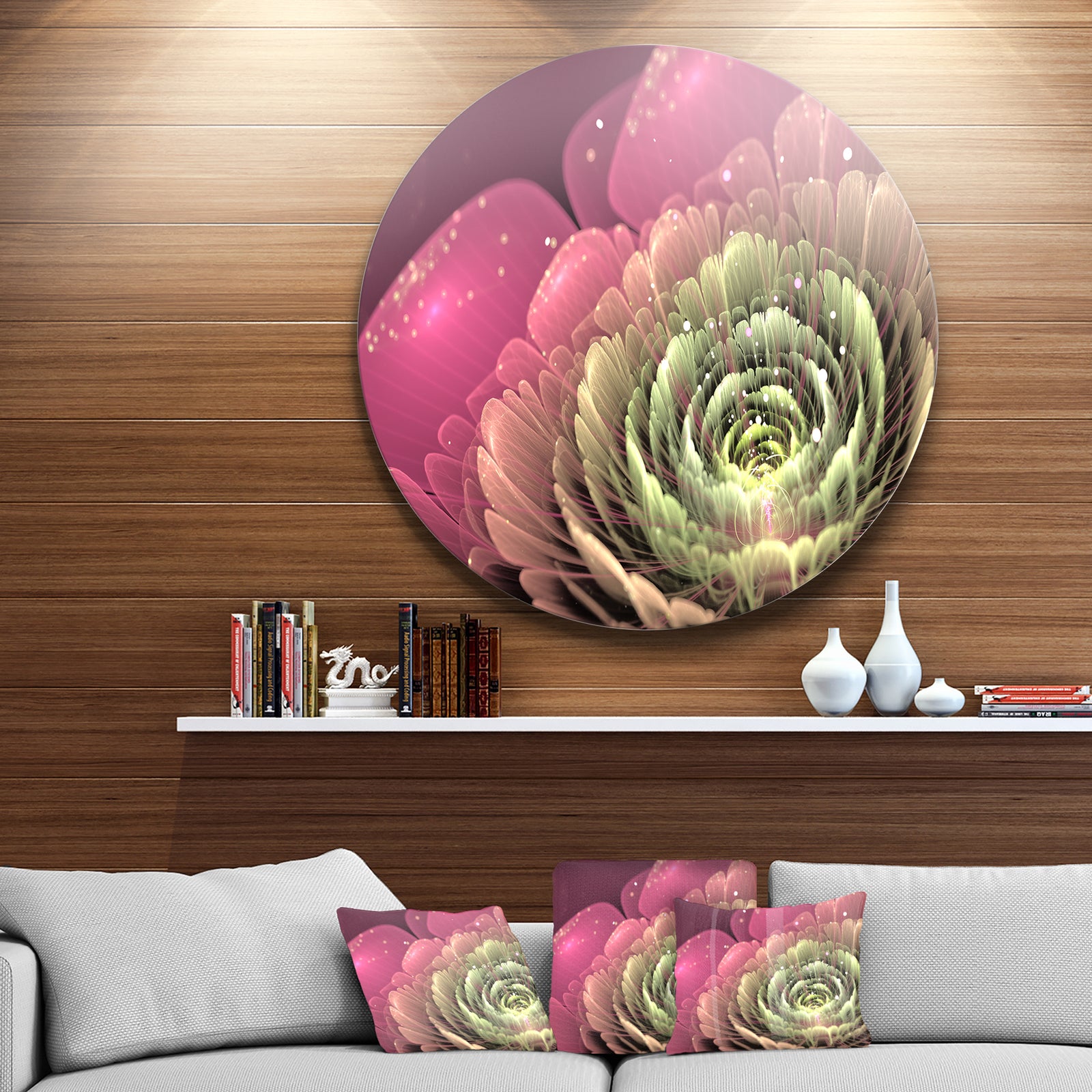 Fractal Flower Pink and Green - Floral Digital Art Large Disc Metal Wall art
