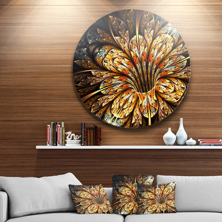 Golden Shiny Fractal Flower - Floral Digital Art Round Wall Art