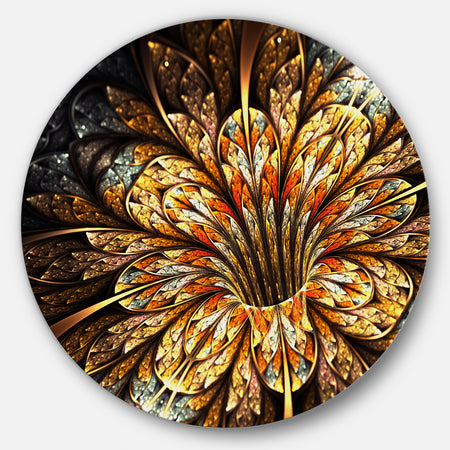 Golden Shiny Fractal Flower - Floral Digital Art Round Wall Art