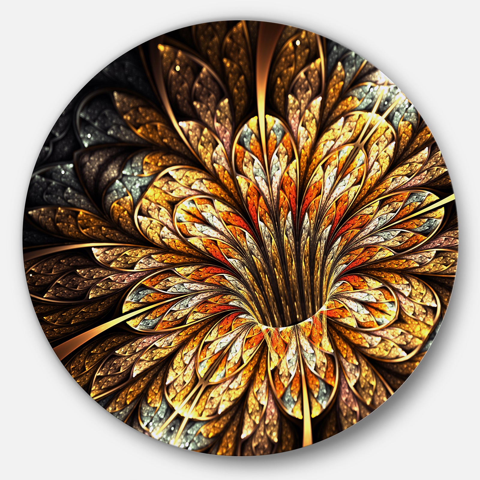 Golden Shiny Fractal Flower - Floral Digital Art Round Wall Art