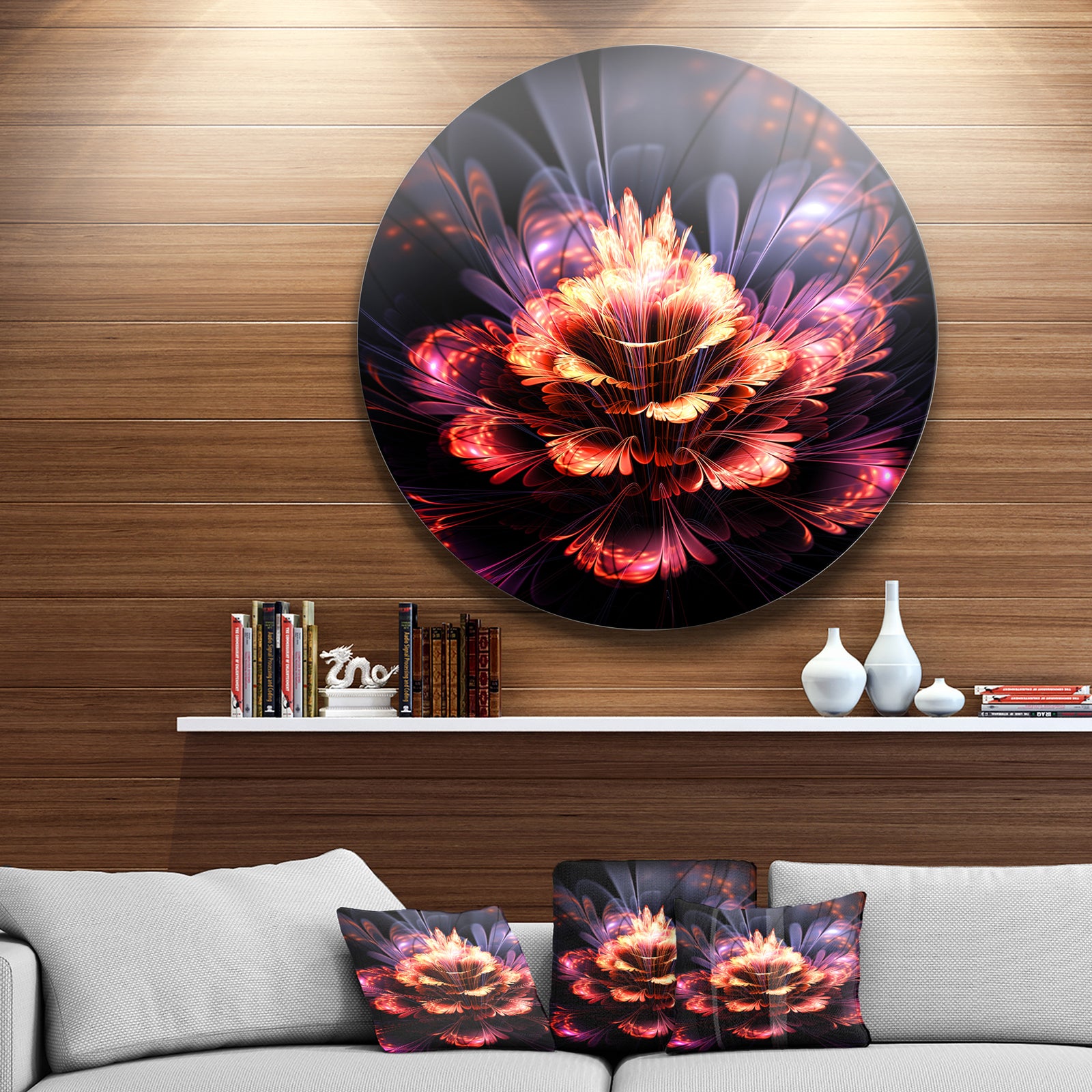 Fractal Flower Orange and Purple - Floral Digital Art Disc Metal Wall Art