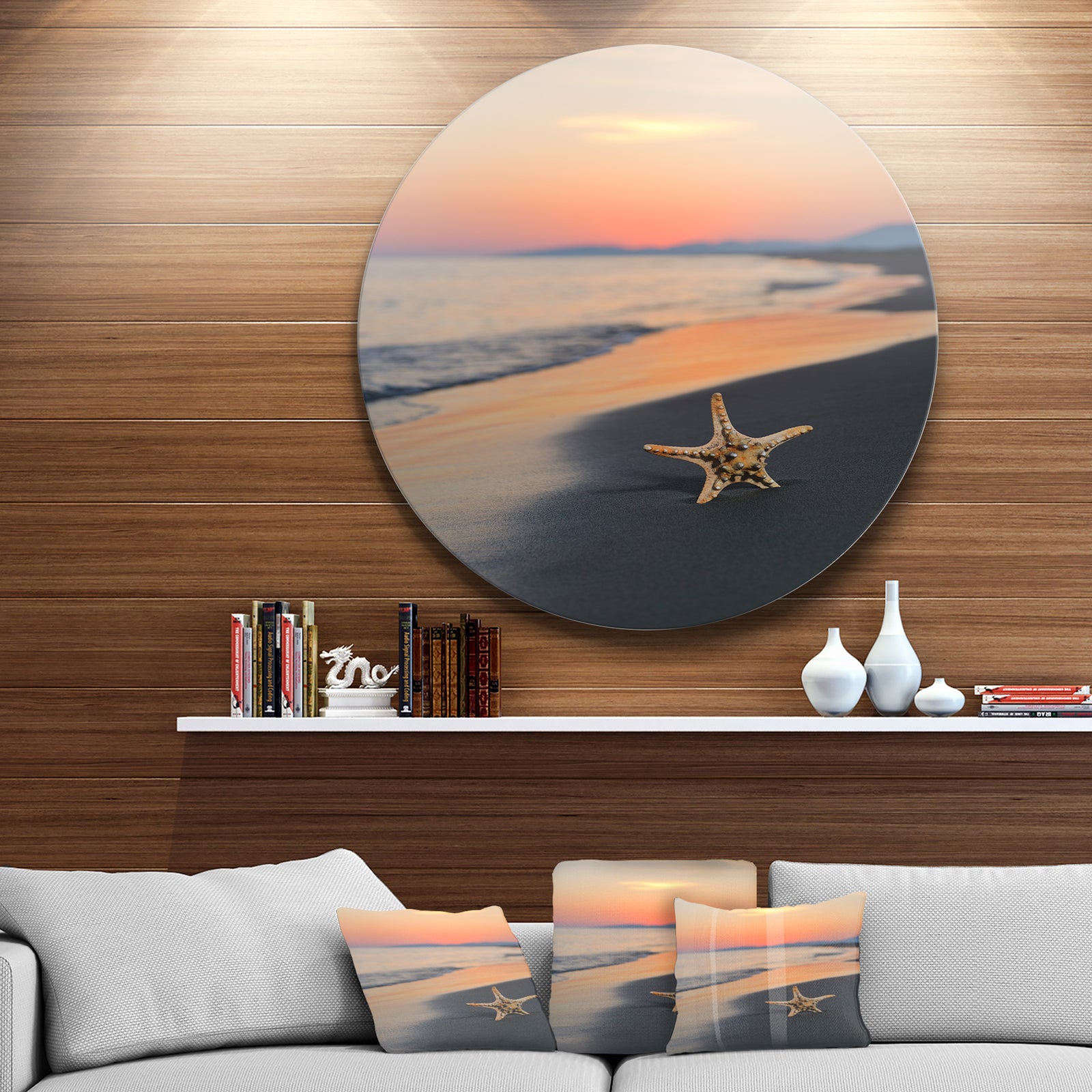 Summer Beach with Starfish - Beach and Shore Round Wall Art