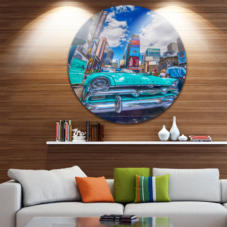 Old Car in Times Square - Cityscape Photography Disc Metal Wall Art