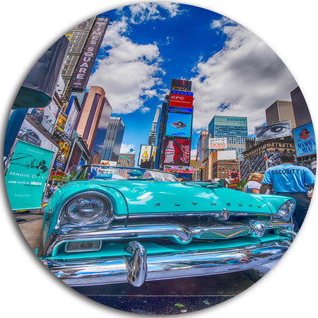 Old Car in Times Square - Cityscape Photography Disc Metal Wall Art