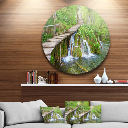 Cascades in Plitvice Lakes - Landscape Photography Round Metal Wall Art