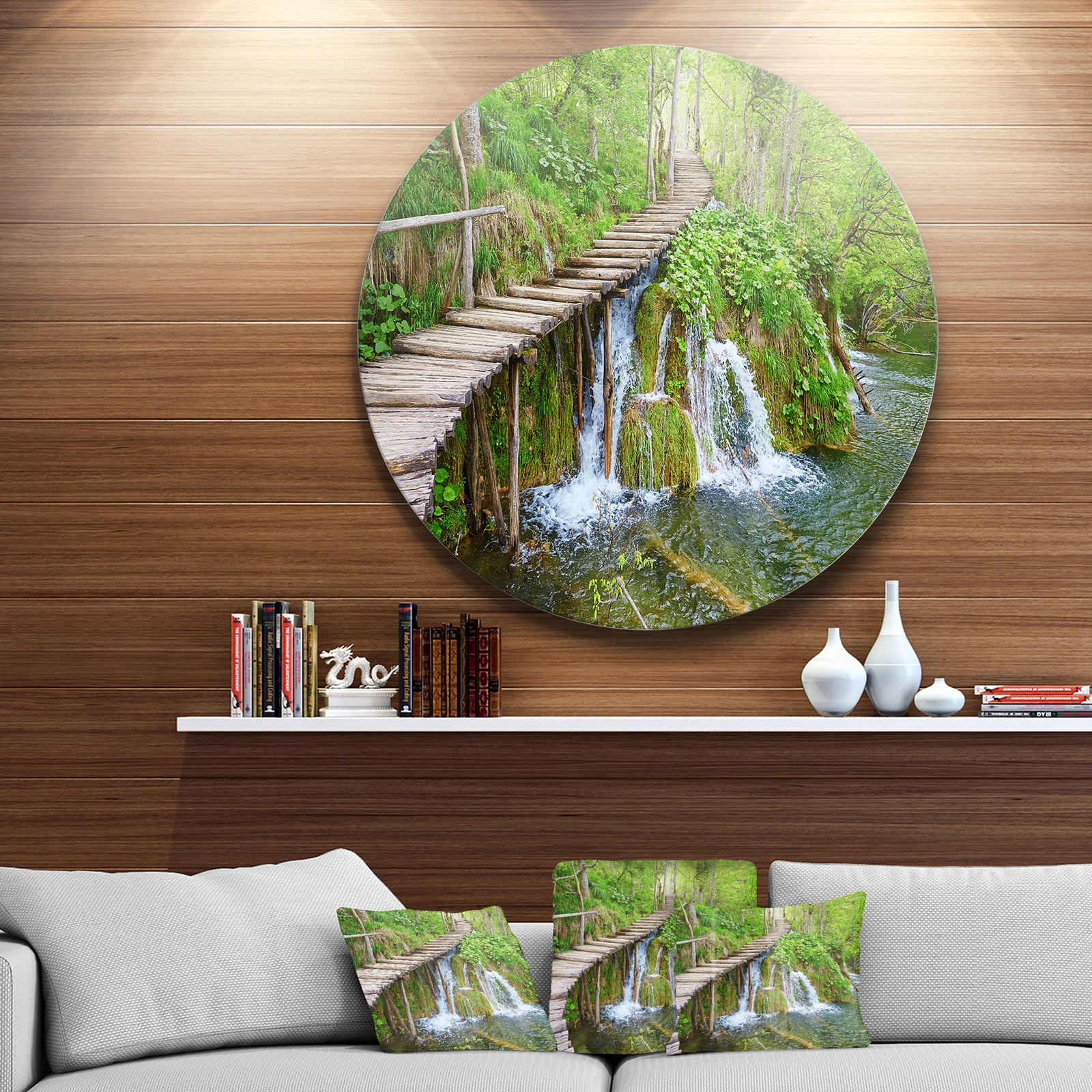 Cascades in Plitvice Lakes - Landscape Photography Round Metal Wall Art