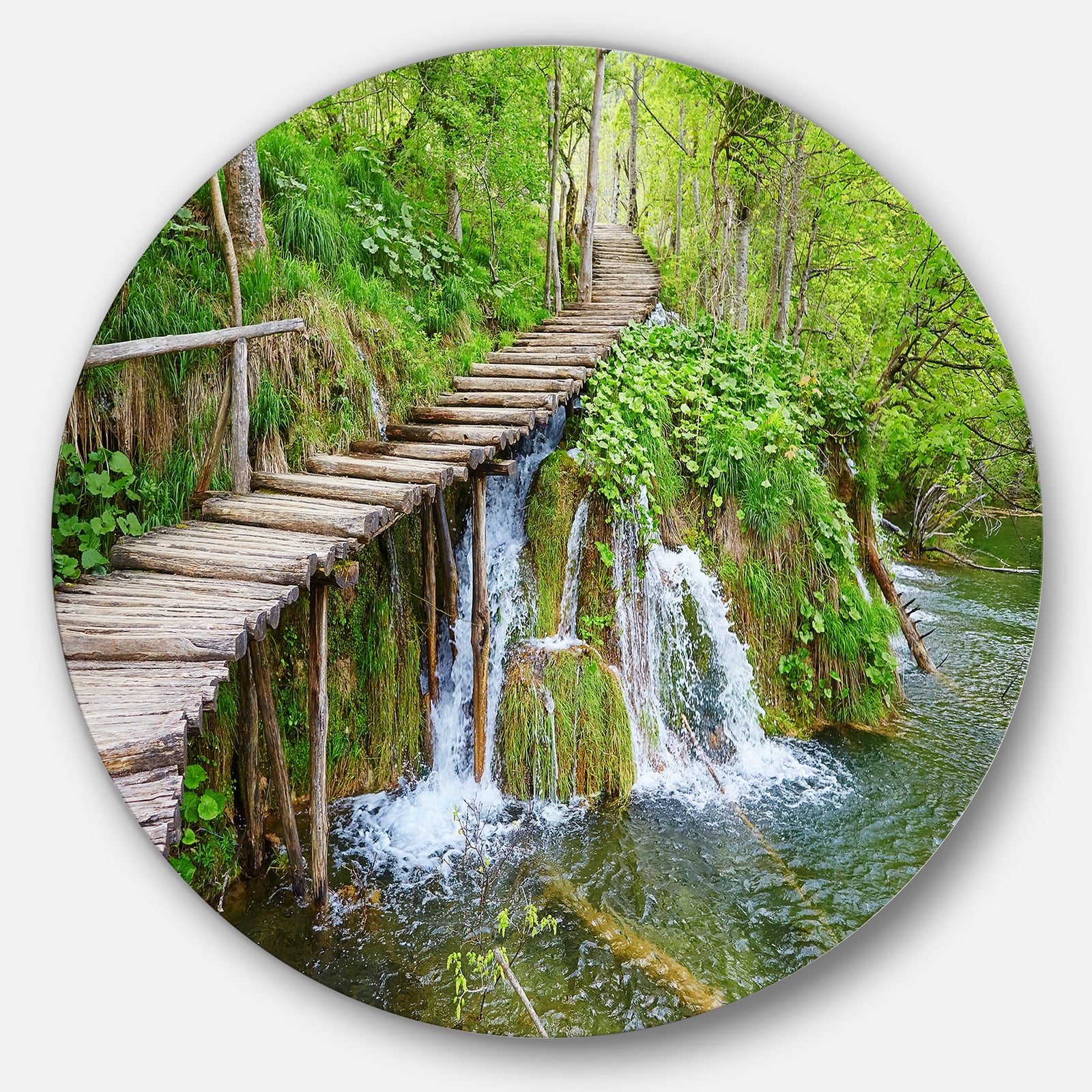 Cascades in Plitvice Lakes - Landscape Photography Round Metal Wall Art