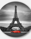 Eiffel and Old Red Car - Landscape Art Round Wall Art