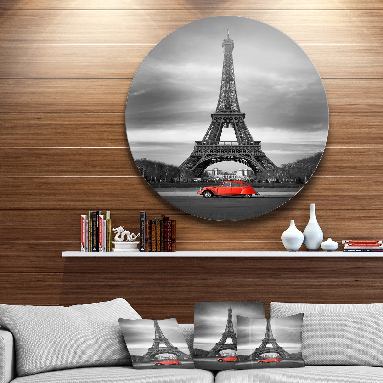 Eiffel and Old Red Car - Landscape Art Round Wall Art