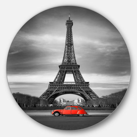 Eiffel and Old Red Car - Landscape Art Round Wall Art