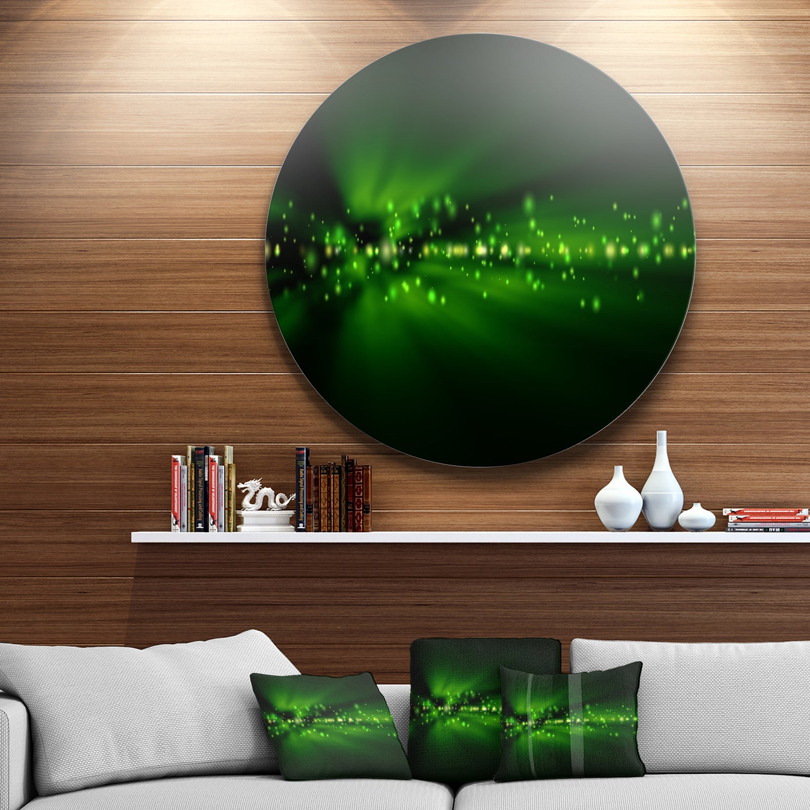 Blurred Bright Green Lights - Landscape Photo Round Wall Art