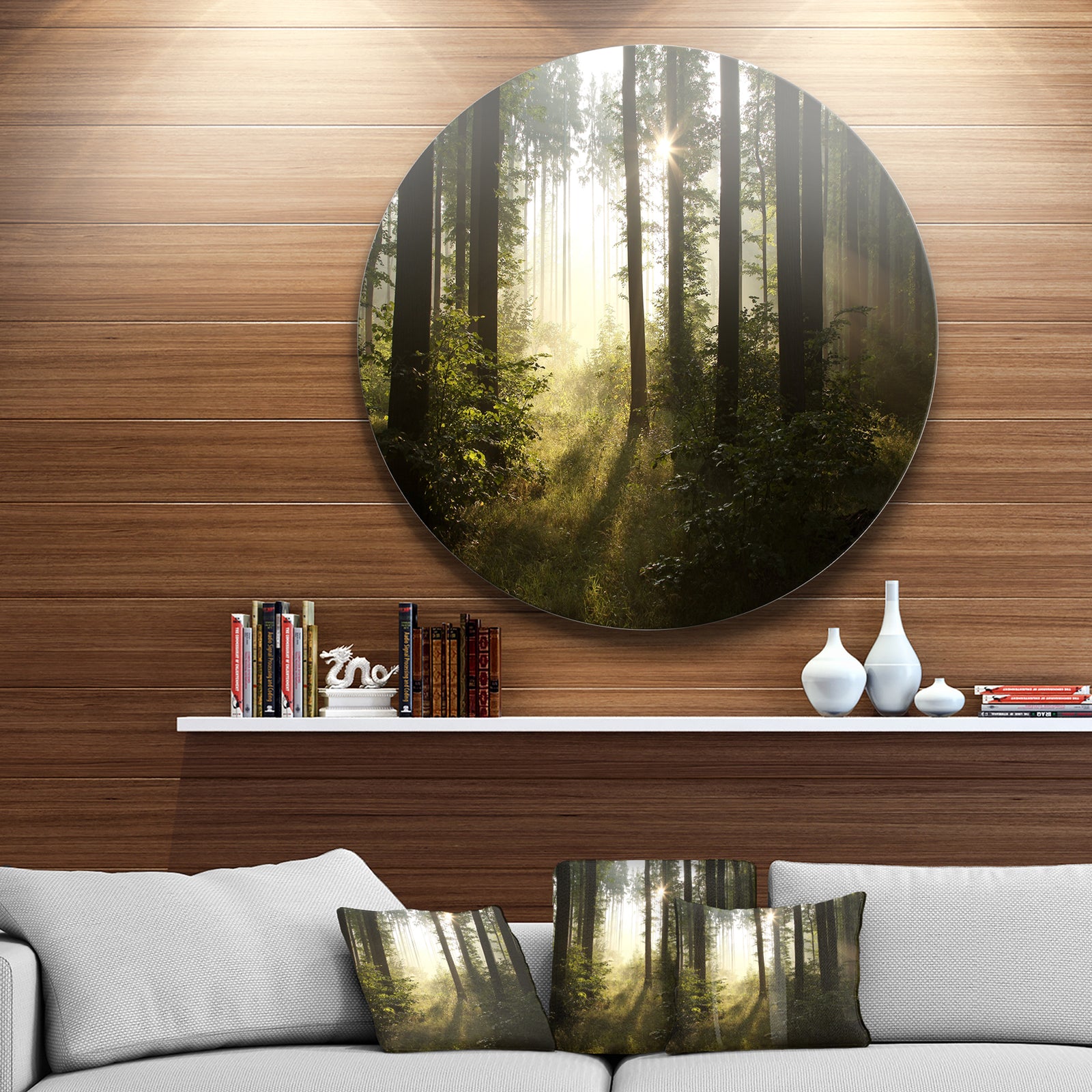 Early Morning Sun in Misty Forest - Landscape Photo Round Metal Wall Art