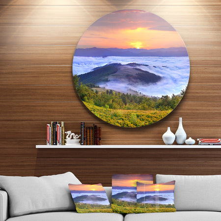 Yellow Sunrise over Blue Waters - Landscape Photo Round Metal Wall Art