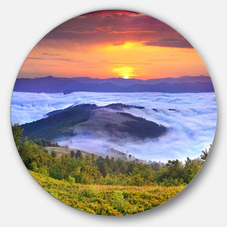 Yellow Sunrise over Blue Waters - Landscape Photo Round Metal Wall Art