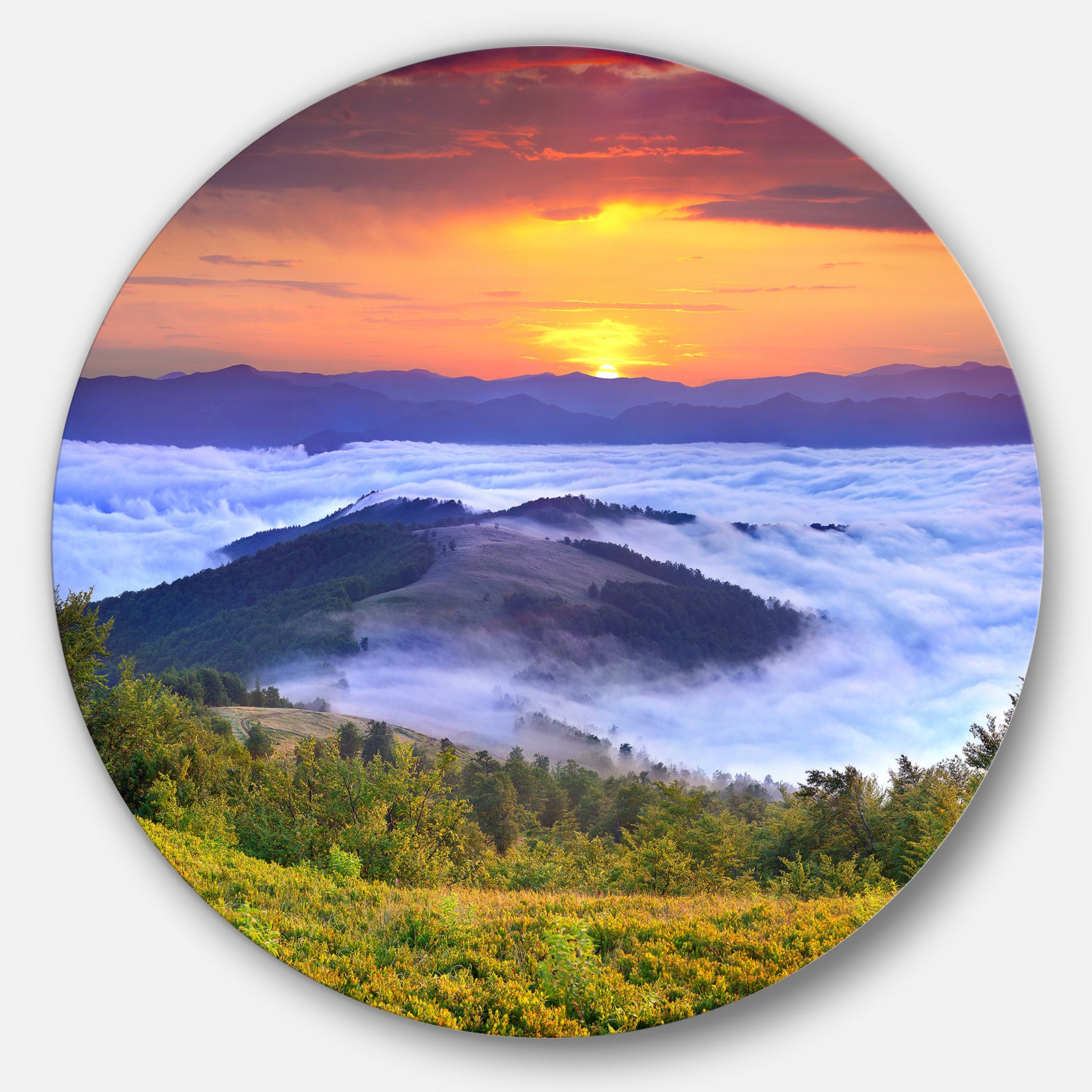 Yellow Sunrise over Blue Waters - Landscape Photo Round Metal Wall Art