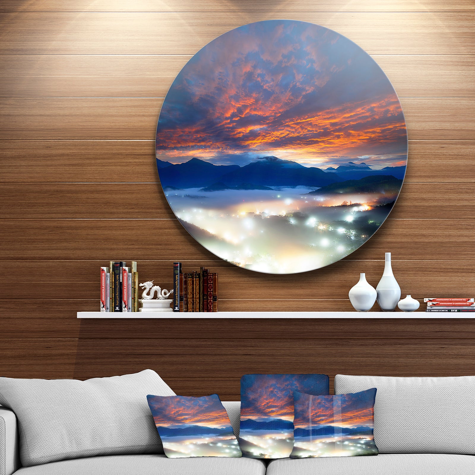 Fiery Clouds and Lit-up Villages - Landscape Photo Round Wall Art