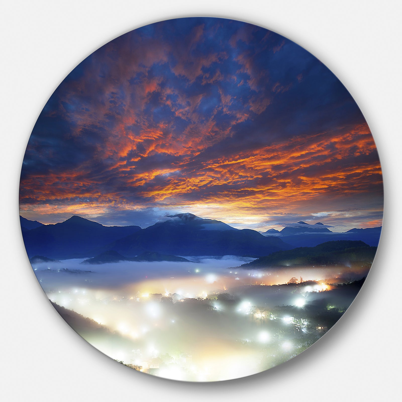 Fiery Clouds and Lit-up Villages - Landscape Photo Round Wall Art
