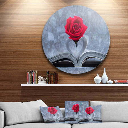 Red Rose Inside the Book - Floral Art Large Disc Metal Wall art