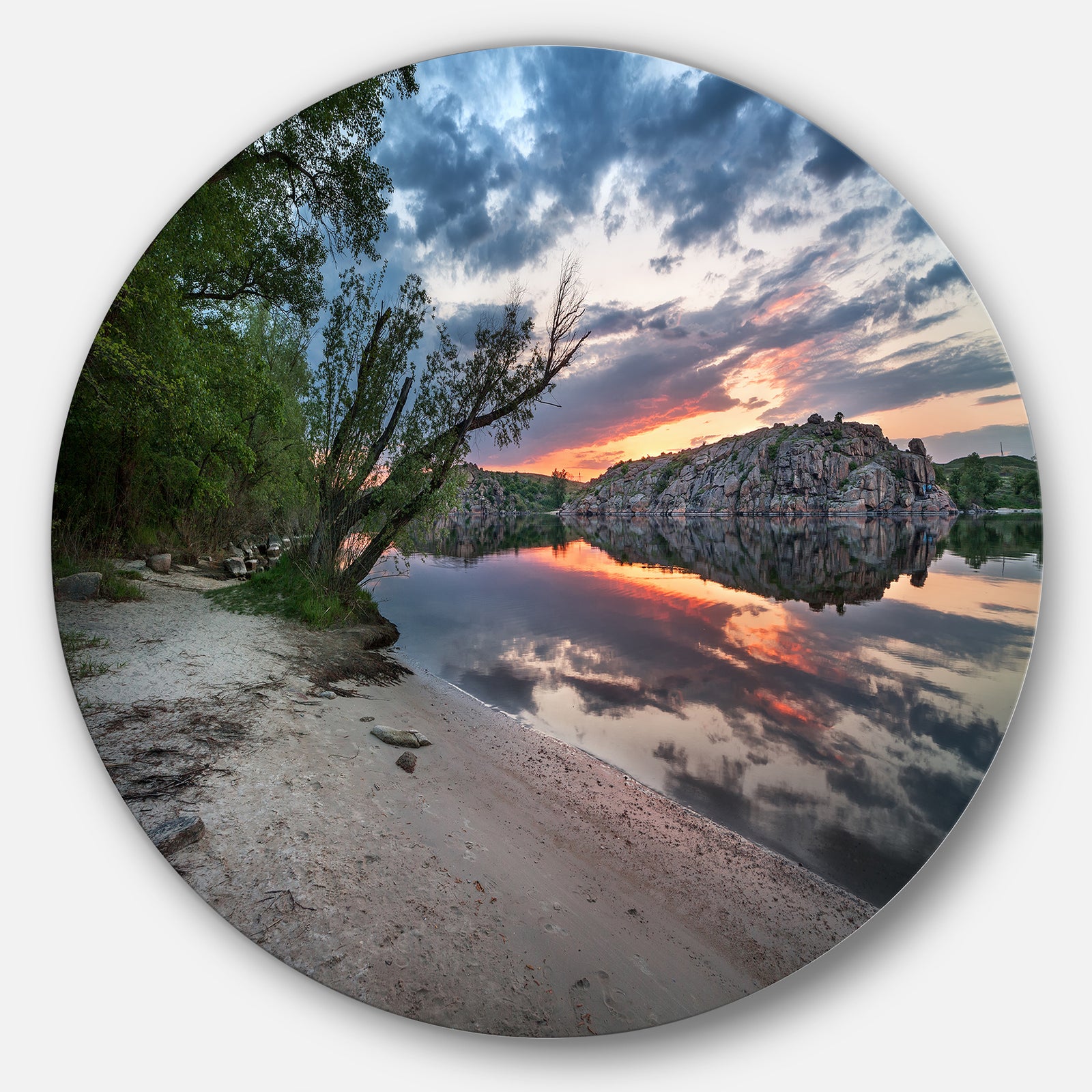 Sunset at River with Rock - Landscape Photo Disc Metal Wall Art