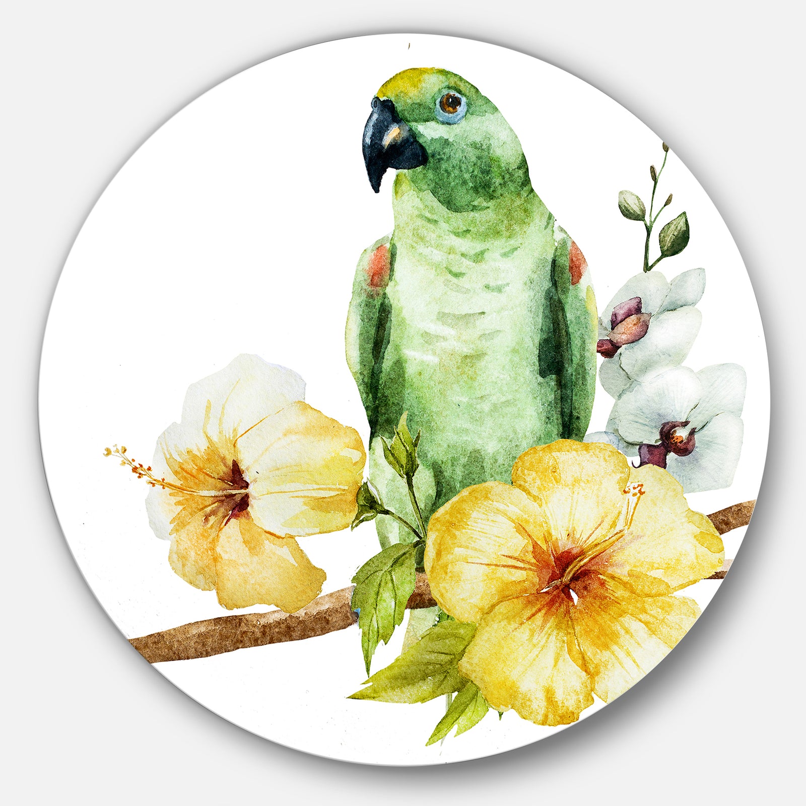 Parrot with Flowers Watercolor - Floral Painting Circle Wall Art