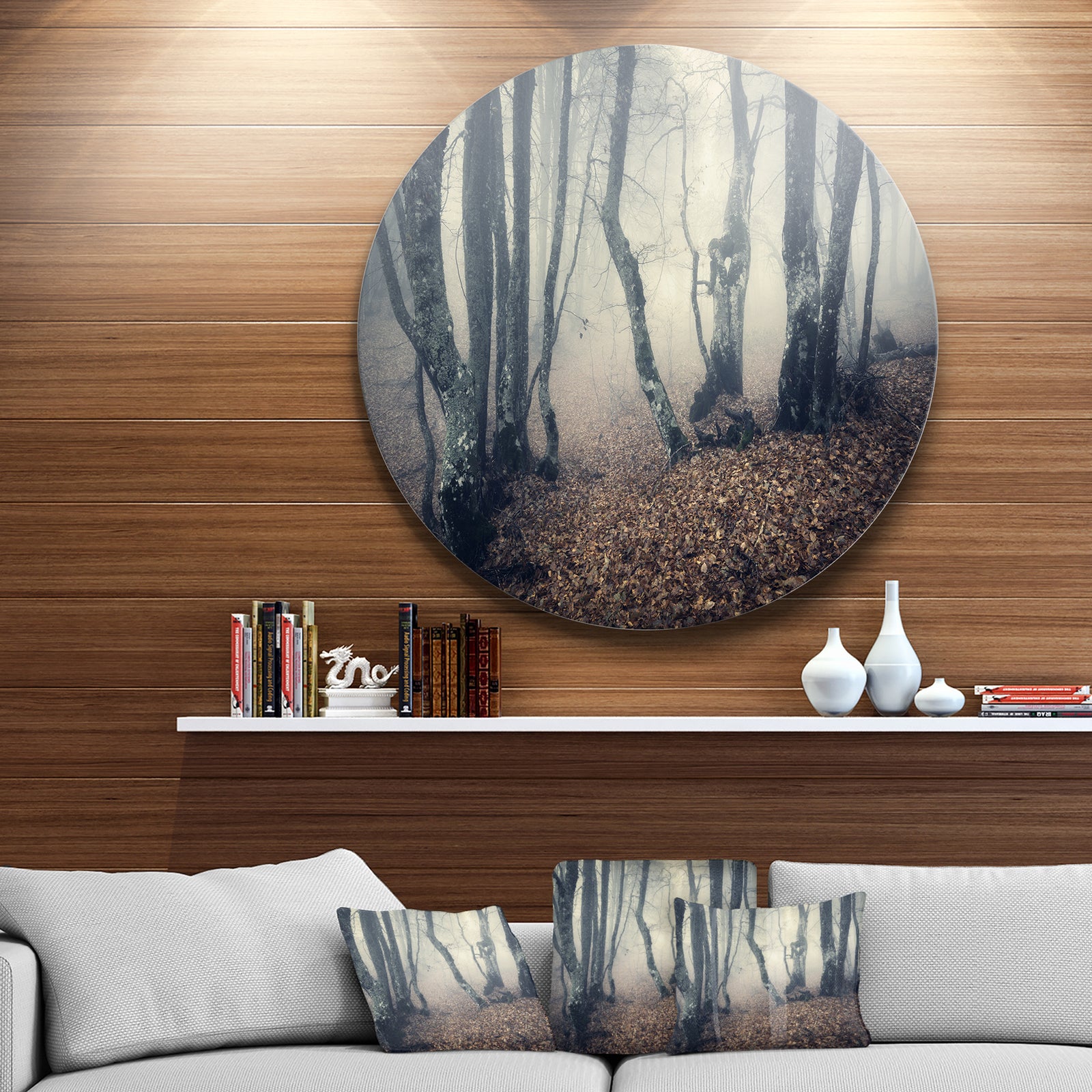 Mystical Yellow Fog in Fall Forest - Landscape Photo Large Disc Metal Wall art
